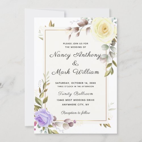 Elegant dusty blue floral Golden frame wedding Invitation
