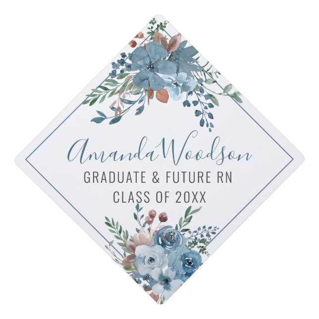 Elegant Dusty Blue Floral Graduating Future Nurse  Graduation Cap Topper (Front)