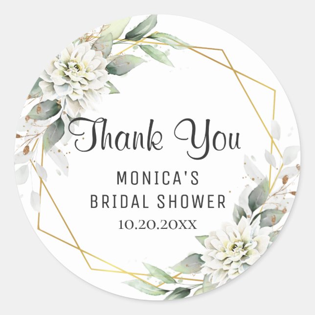 Elegant Dusty Blue Floral Greenery  Bridal Shower Classic Round Sticker (Front)