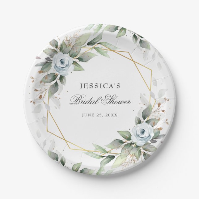 Elegant Dusty Blue Floral Greenery Bridal Shower Paper Plates (Front)