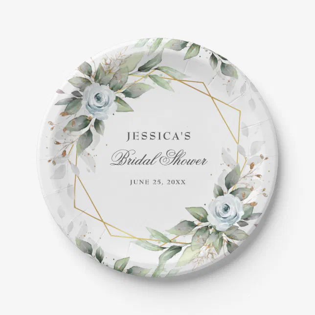 Elegant Dusty Blue Floral Greenery Bridal Shower Paper Plates | Zazzle