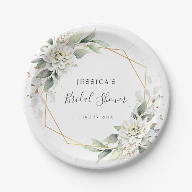 Elegant Dusty Blue Floral Greenery Bridal Shower Paper Plates (Front)
