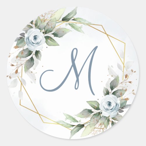 Elegant Dusty Blue Floral Greenery MONOGRAM Classic Round Sticker