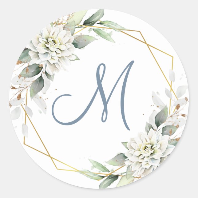 Elegant Dusty Blue Floral Greenery MONOGRAM Classic Round Sticker (Front)
