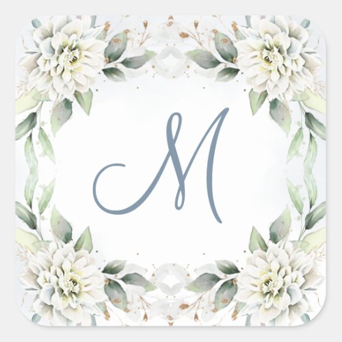 Elegant Dusty Blue Floral Greenery MONOGRAM Square Sticker