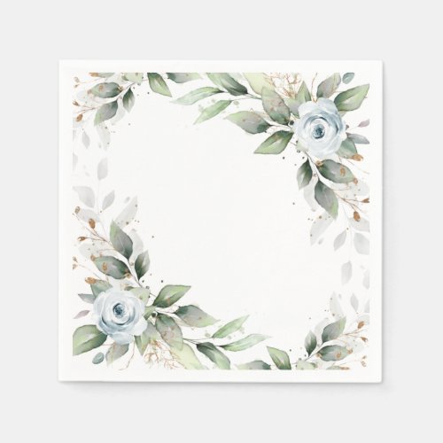 Elegant Dusty Blue Floral Greenery Party Paper Napkins