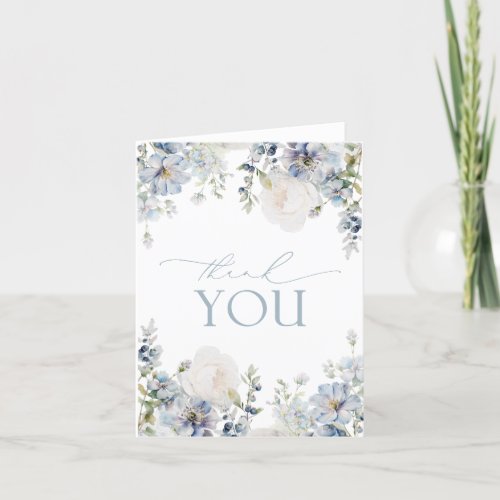 Elegant Dusty Blue Floral Greenery Thank You Card