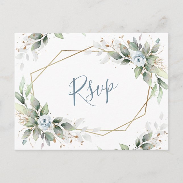Elegant Dusty Blue Floral Greenery Watercolor RSVP Postcard (Front)