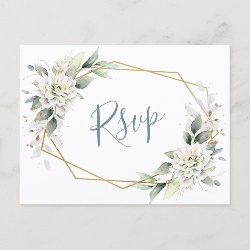 Elegant Dusty Blue Floral Greenery Watercolor RSVP Postcard