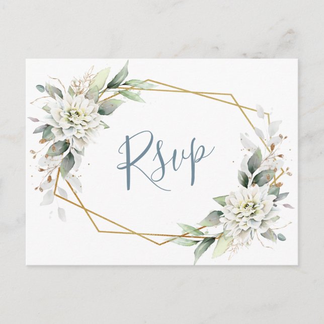 Elegant Dusty Blue Floral Greenery Watercolor RSVP Postcard (Front)