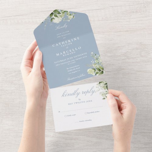 Elegant Dusty Blue Floral Greenery Wedding All In One Invitation