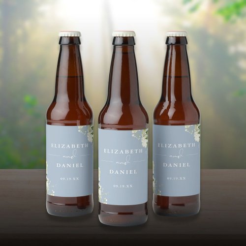 Elegant Dusty Blue Floral Greenery Wedding Beer Bottle Label