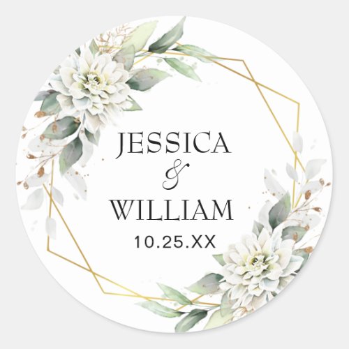 Elegant Dusty Blue Floral Greenery Wedding Classic Round Sticker