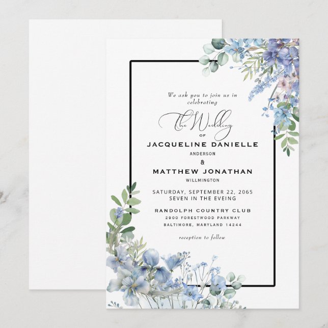 Elegant Dusty Blue Floral Greenery Wedding Invitation (Front/Back)