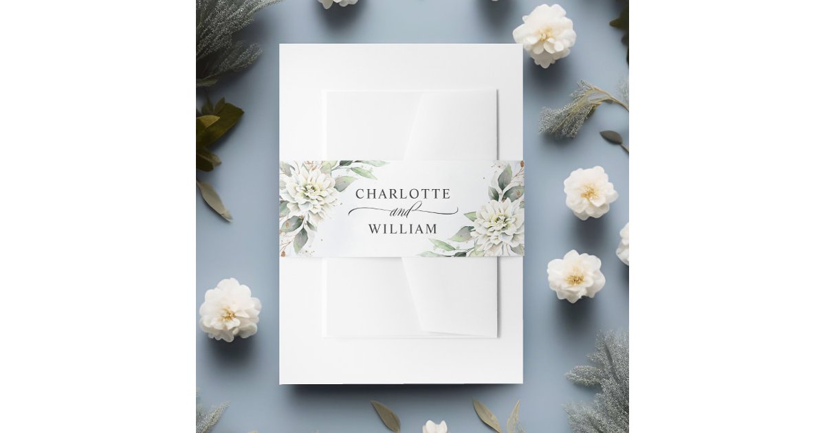Elegant Dusty Blue Floral Greenery Wedding Invitation Belly Band | Zazzle