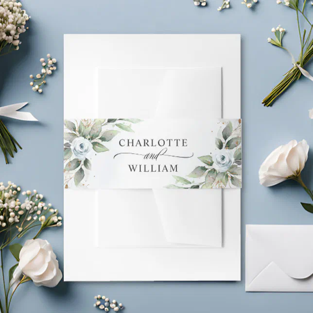 Elegant Dusty Blue Floral Greenery Wedding Invitation Belly Band | Zazzle