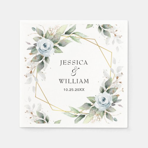 Elegant Dusty Blue Floral Greenery Wedding Paper Napkins