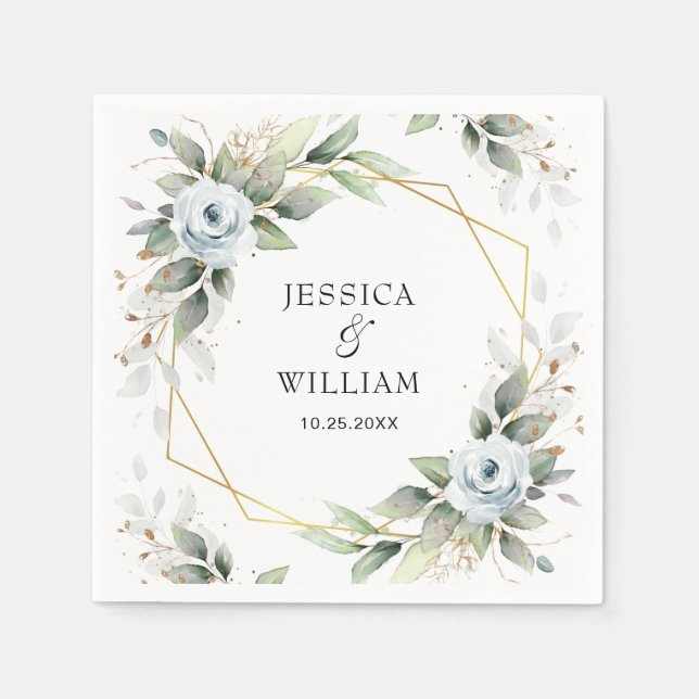 Elegant Dusty Blue Floral Greenery Wedding Paper Napkins (Front)