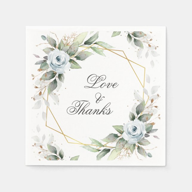 Elegant Dusty Blue Floral Greenery Wedding Paper Napkins (Front)
