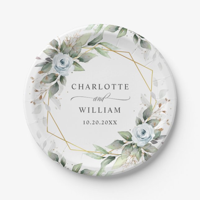 Elegant Dusty Blue Floral Greenery Wedding Paper Plates (Front)