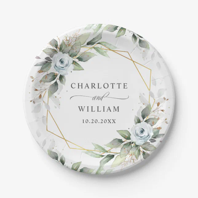 Elegant Dusty Blue Floral Greenery Wedding Paper Plates | Zazzle