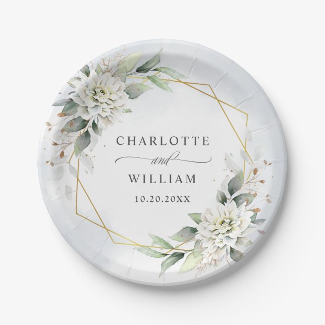 Elegant Dusty Blue Floral Greenery Wedding Paper Plates (Front)