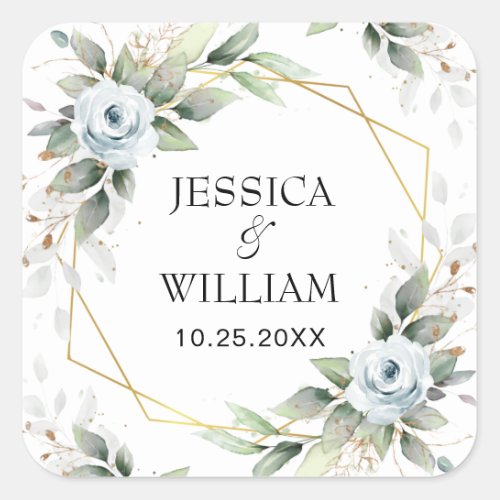 Elegant Dusty Blue Floral Greenery Wedding Square Sticker