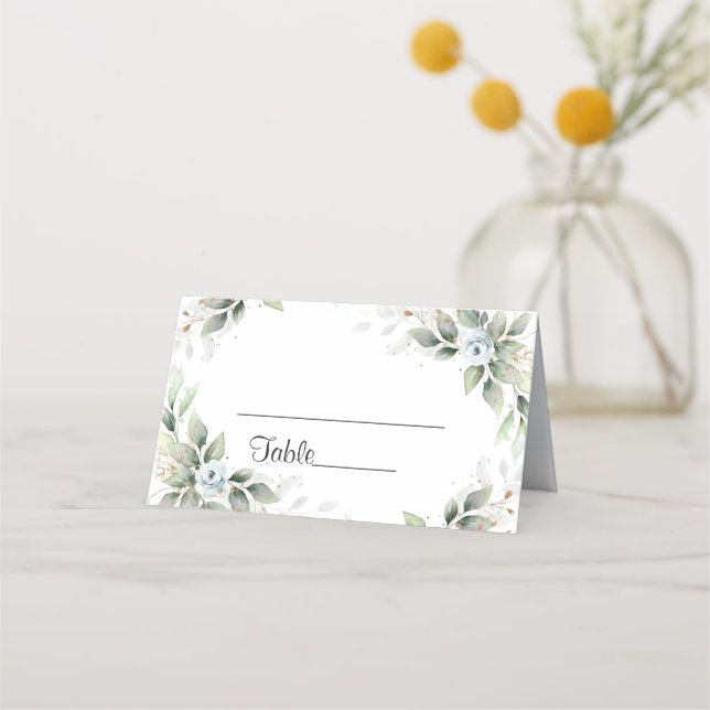 Elegant Dusty Blue Floral Greenery  Wedding Table Place Card (Front)