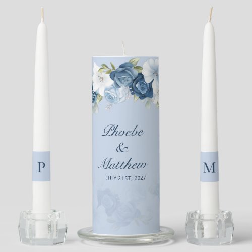 Elegant Dusty Blue Floral Greenery Wedding Unity Candle Set