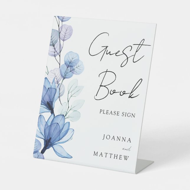 Elegant Dusty Blue Floral Guest Book Pedestal Sign (Front)