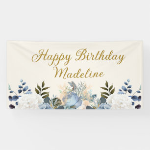 Elegant Dusty Blue Floral Happy Birthday Name Banner
