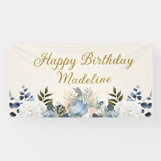 Elegant Dusty Blue Floral Happy Birthday Name Banner (Horizontal)
