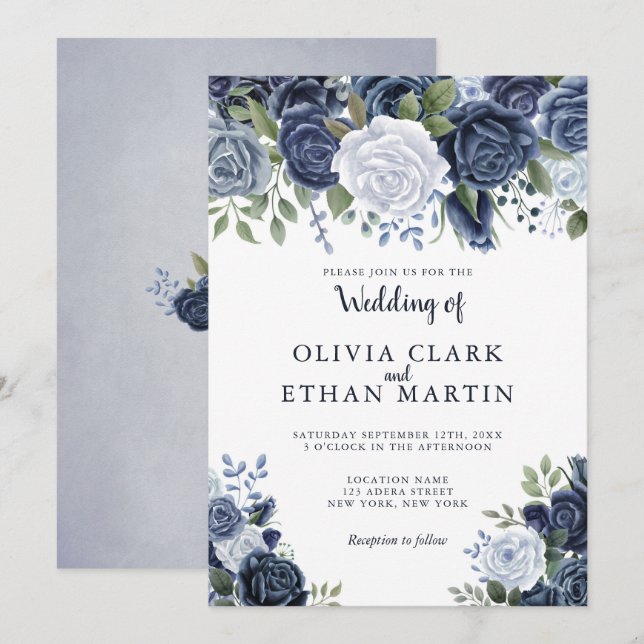 Elegant Dusty Blue Floral Invitation (Front/Back)