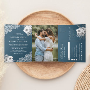 Elegant Dusty Blue Floral Lace Wedding Photo Tri-Fold Invitation