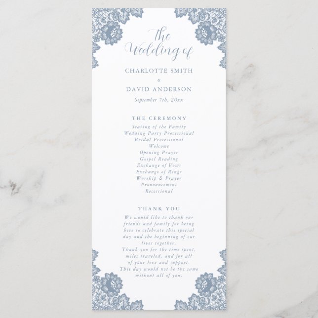 Elegant Dusty Blue Floral Lace Wedding Program (Front)