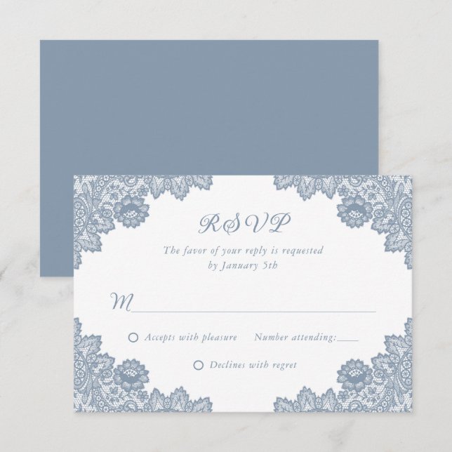 Elegant Dusty Blue Floral Lace Wedding RSVP (Front/Back)