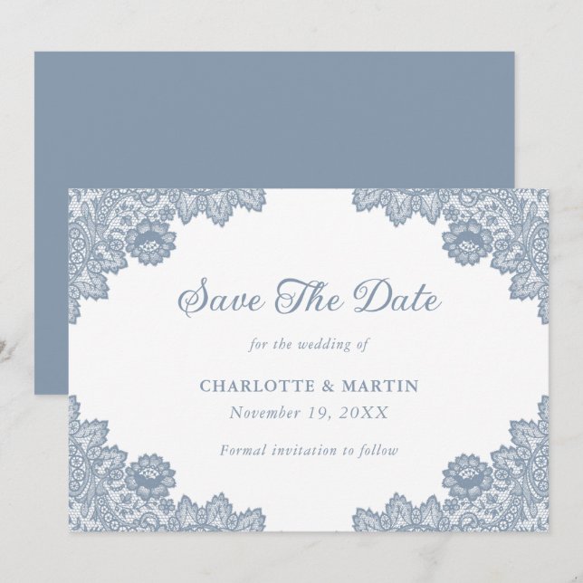 Elegant Dusty Blue Floral Lace Wedding Save The Date (Front/Back)