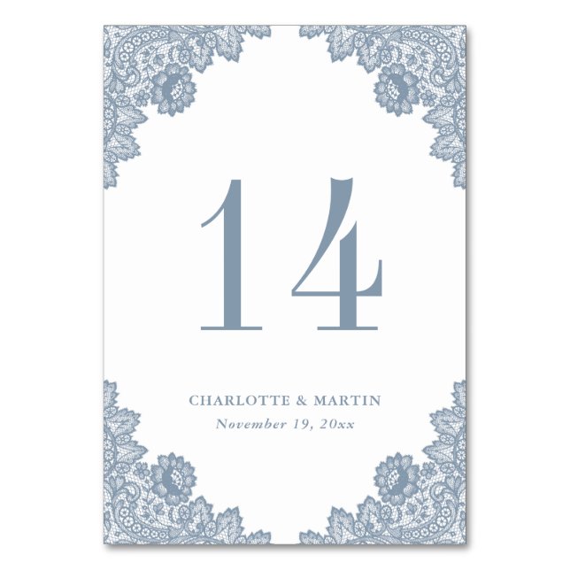 Elegant Dusty Blue Floral Lace Wedding Table Number (Front)