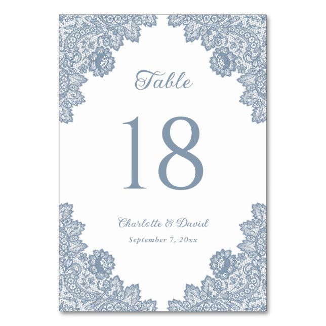 Elegant Dusty Blue Floral Lace Wedding Table Number (Front)