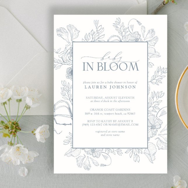 Elegant Dusty Blue Floral Line Art Baby In Bloom Invitation (Creator Uploaded)