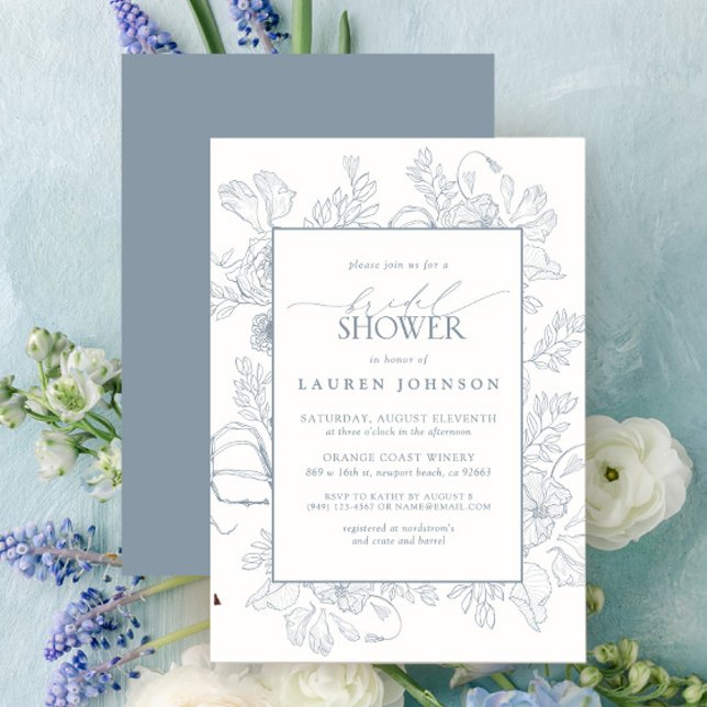 Elegant Dusty Blue Floral Line Art Bridal Shower Invitation (Bridal Shower Invitation)