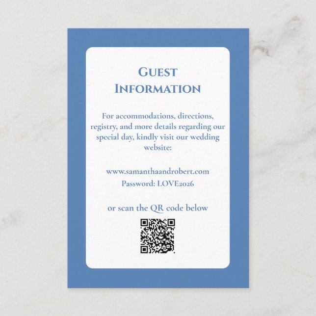 Elegant Dusty Blue Floral Line Art QR Code Wedding Enclosure Card (Front)
