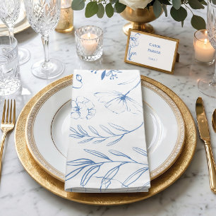 Elegant Dusty Blue Floral Line Art Wedding Cloth Napkin