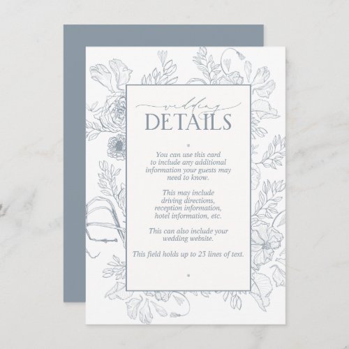 Elegant Dusty Blue Floral Line Art Wedding Details Enclosure Card
