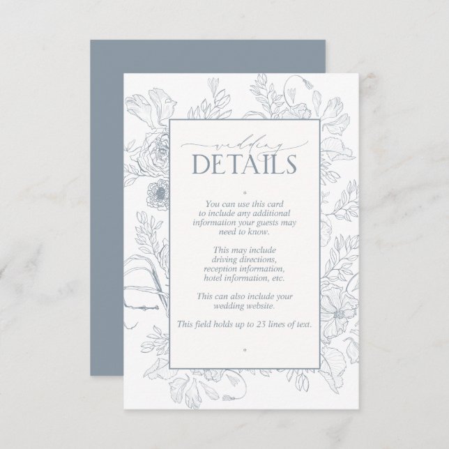 Elegant Dusty Blue Floral Line Art Wedding Details Enclosure Card (Front/Back)