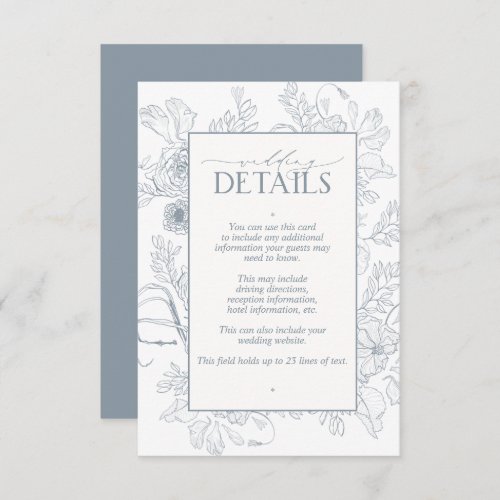 Elegant Dusty Blue Floral Line Art Wedding Details Enclosure Card