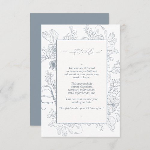 Elegant Dusty Blue Floral Line Art Wedding Details Enclosure Card