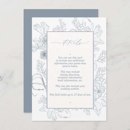 Elegant Dusty Blue Floral Line Art Wedding Details Enclosure Card