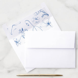 Elegant Dusty Blue Floral Line Art Wedding Envelope Liner
