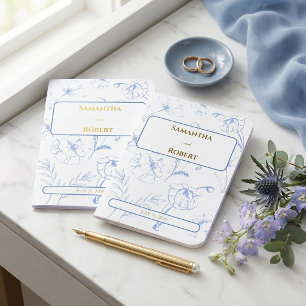 Elegant Dusty Blue Floral Line Art Wedding Foil Vow Books